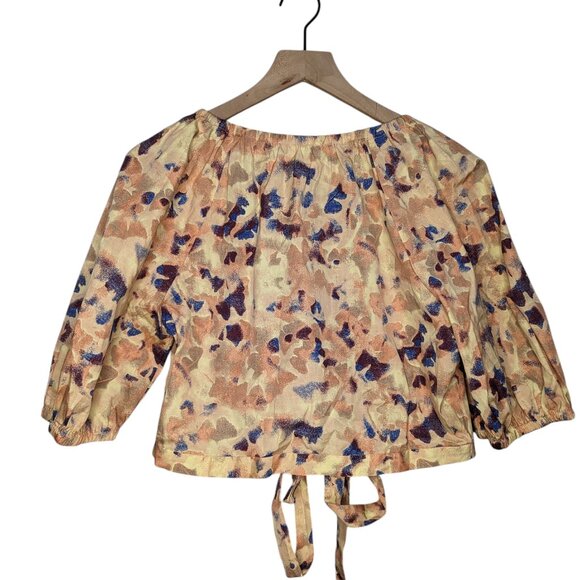 New Open Edit Cropped Wrap Puff Sleeve Wrap Top Multicolor Poplin L Nordstrom - Picture 3 of 6